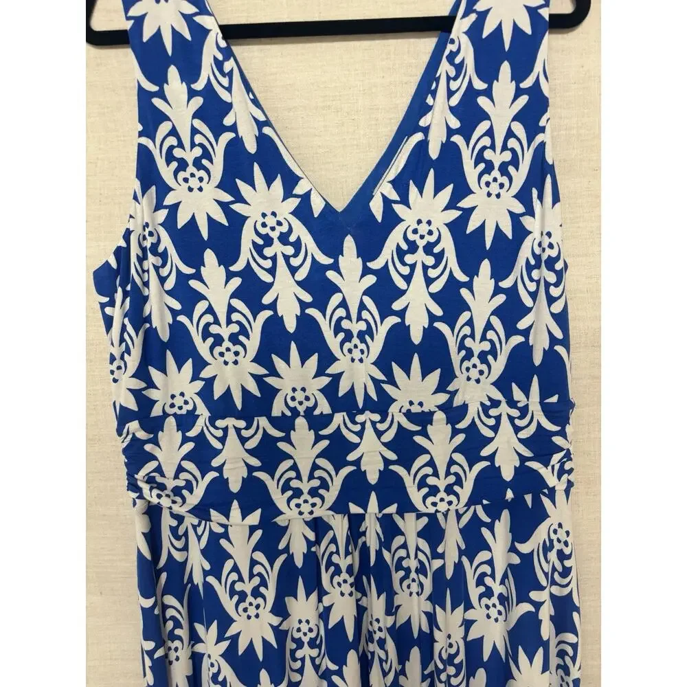 Boden Dress 16 18 Blue Floral Maxi Long Aline Vneck Sleeveless Stretch Jersey